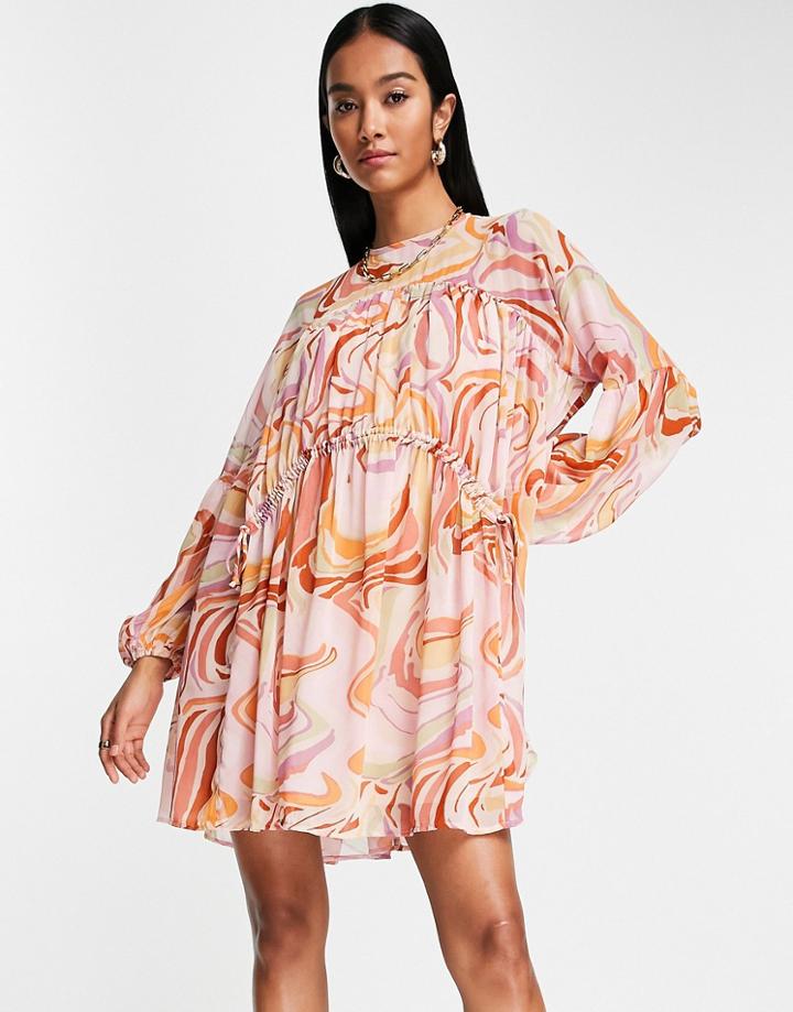 Asos Design Oversized Mini Smock Dress With Gathered Waist In Bright Swirl Print-multi