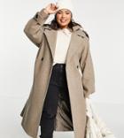 Asos Design Curve Slouchy Belted Coat With Hood In Mushroom-grey