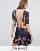 Oh My Love Tall Tea Dress With Open Back In Floral Print - Black