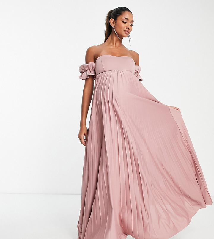 Asos Design Maternity Recycled Polyester Off The Shoulder Pleated Maxi Dress In Rose-pink