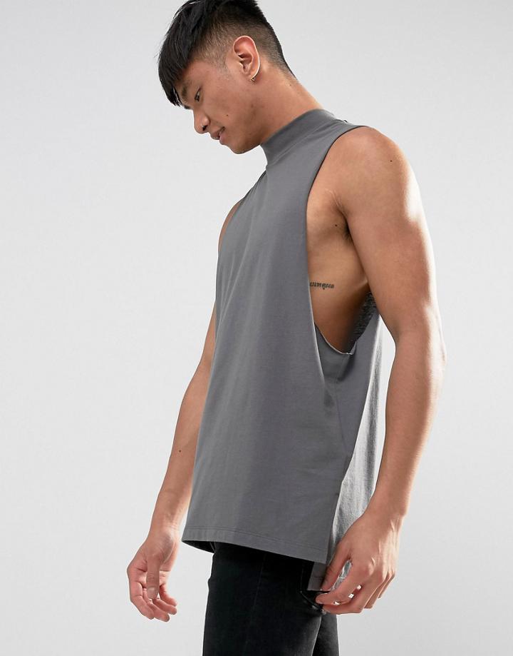 Asos Super Longline Tank With High Neck In Gray - Gray