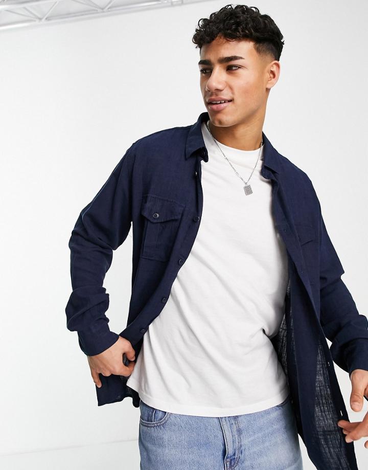 Brave Soul Long Sleeve Linen Mix Shirt In Navy