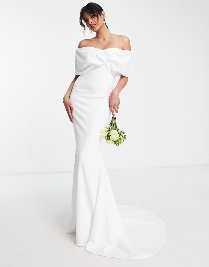True Violet Bridal Wrapped Off Shoulder Maxi Dress In Ivory-white