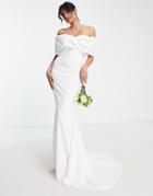 True Violet Bridal Wrapped Off Shoulder Maxi Dress In Ivory-white