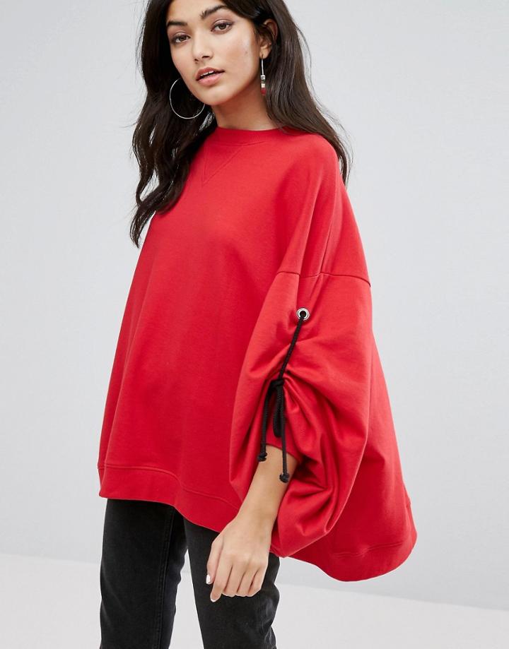 Daisy Street Oversized Sweatshirt With Xl Rope Tie Sleeves - Red