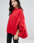 Daisy Street Oversized Sweatshirt With Xl Rope Tie Sleeves - Red
