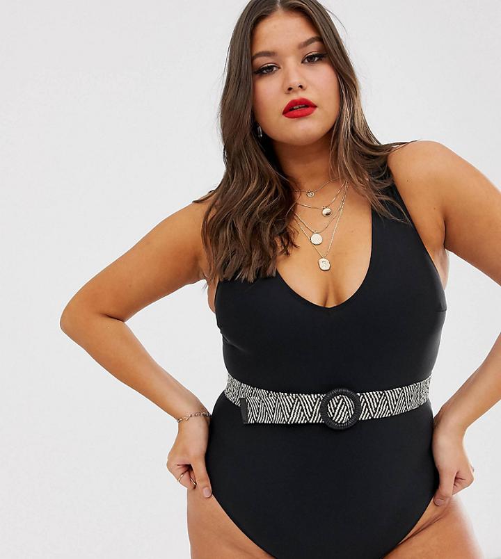 Asos Design Curve Weave Belted Plunge Neck Swimsuit In Black - Black