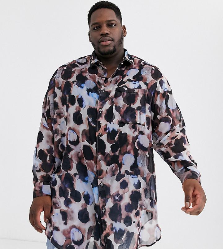Asos Design Regular Longline Abstract Watercolor Shirt-pink