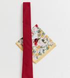 Asos Design Wedding Slim Textured Red Tie & Floral Pocket Square