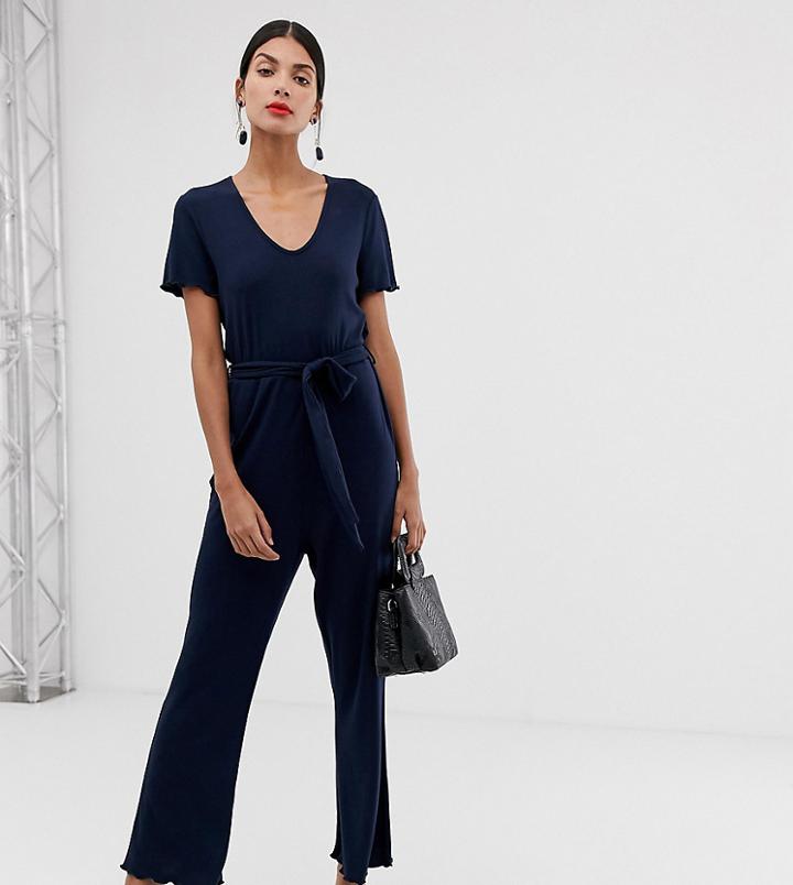 Vero Moda Tall Rib Jumpsuit With Lettuce Edge - Navy