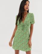 Fashion Union Tie Front Mini Dress In Ditsy Floral - Green