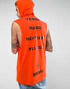 Asos Longline Sleeveless T-shirt With Planet Text And Hood - Orange