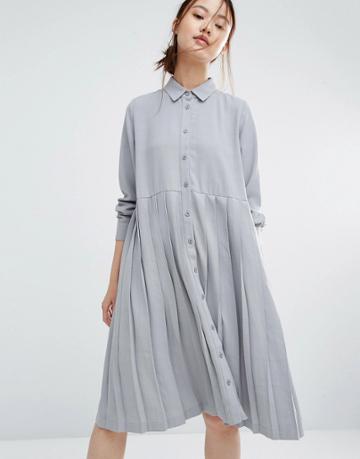 Zacro Oversized Shirt Dress With Pleated Hem - Gray