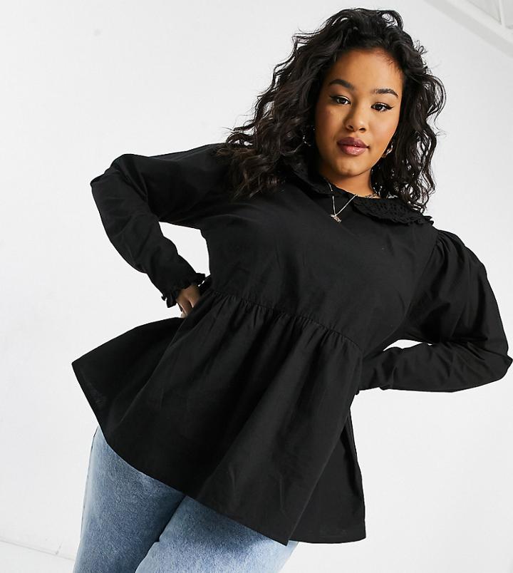 Simply Be Collared Blouse With Peplum Hem In Black