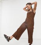 Native Youth Tie Shoulder Oversized Overalls Jumpsuit In Leopard-neutral