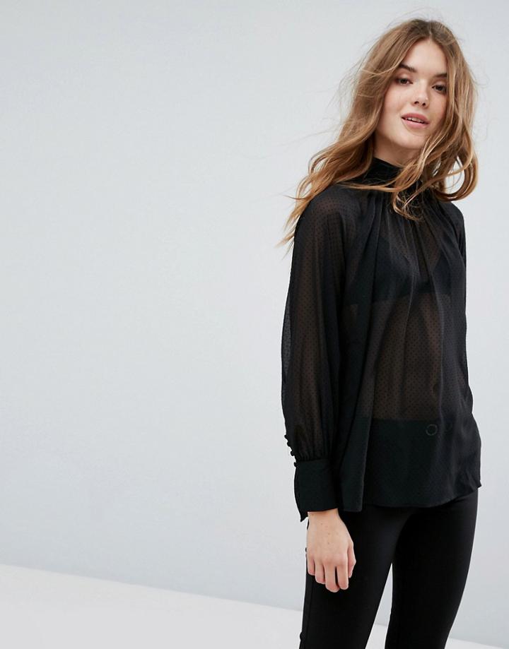 New Look Mini Flock High Neck Blouse - Black