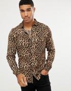 Asos Design Skinny Fit Leopard Print Shirt - Brown