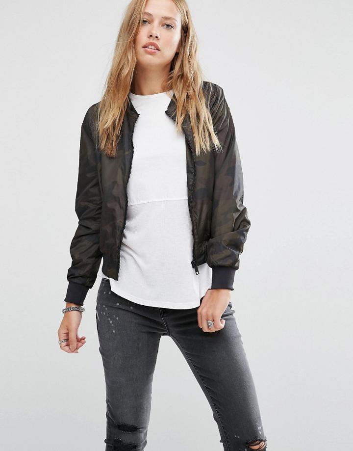 Brave Soul Camo Print Bomber Jacket - Green