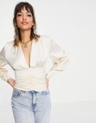 Asos Design Satin Ruched Front Top In Cream-white