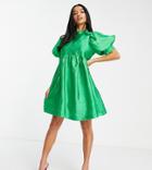 Pieces Petite Volume Sleeve Taffeta Mini Dress In Bright Green