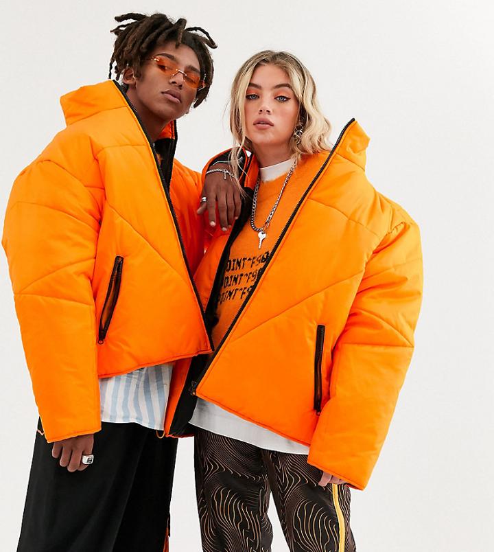 Collusion Unisex Plain Puffer Jacket In Orange
