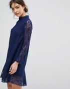 Little Mistress Long Sleeved Shift Dress In Allover Lace - Navy