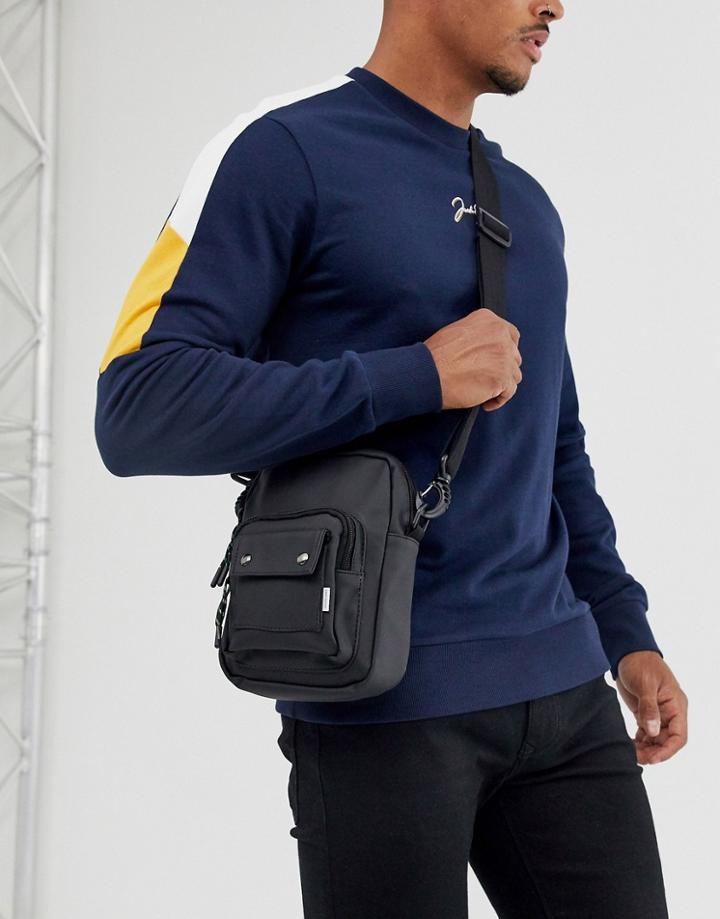 Jack & Jones Flight Bag In Matte Black With Logo Branding - Black