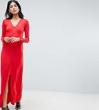 Asos Design Tall Maxi Tea Dress With Self Covered Buttons - Red