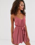 Asos Design Cami Belted Romper With Frill Hem - Pink