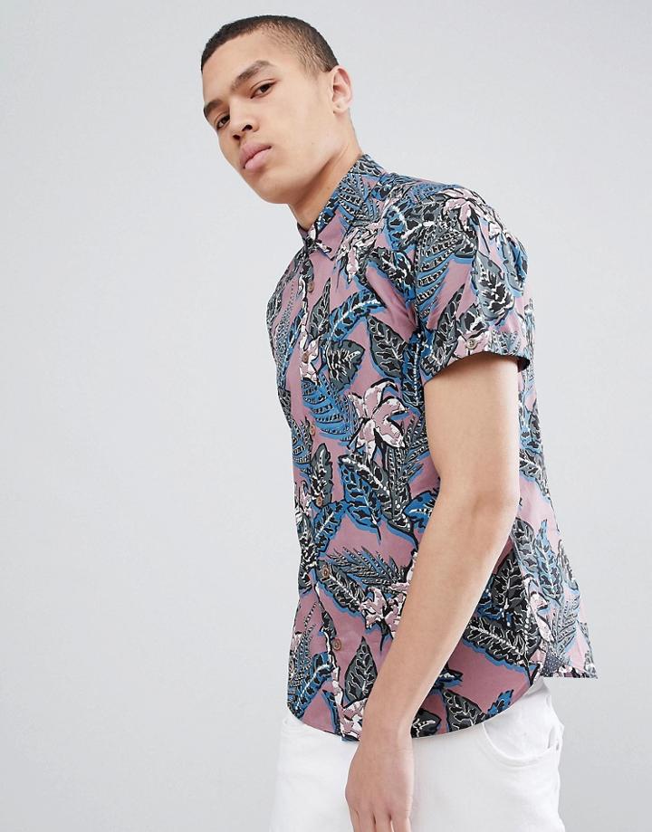 Ted Baker Slim Short Sleeve Shirt In Pink Leaf Print - Pink