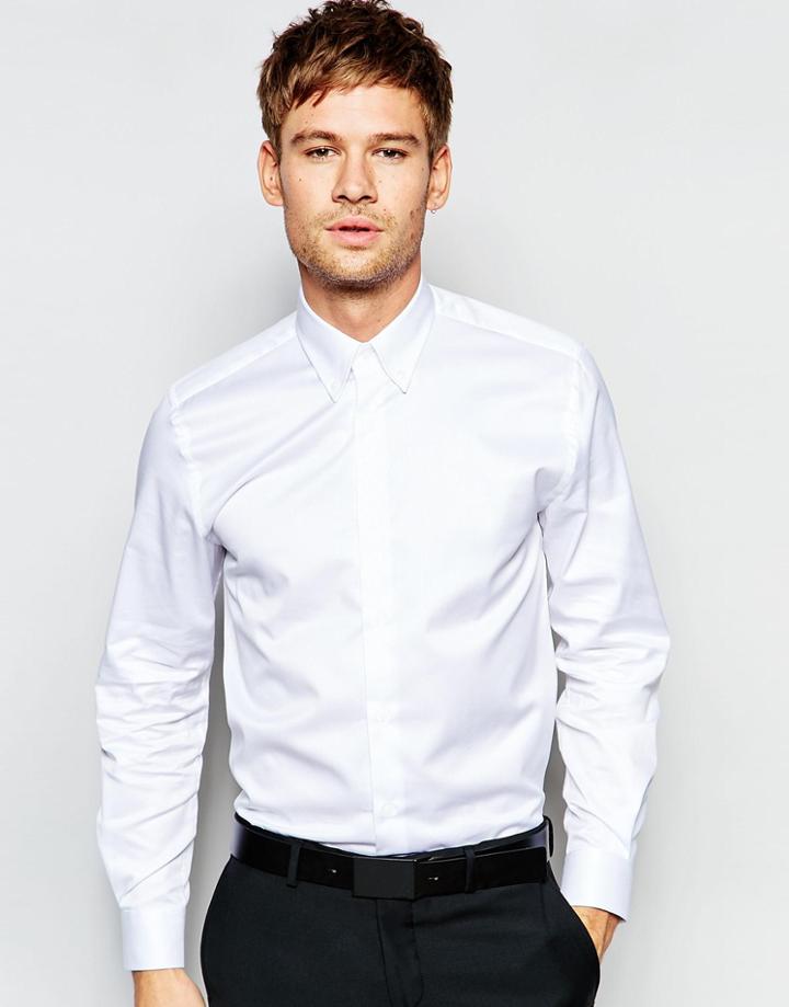 Number Eight Savile Row Shirt With Button Down Collar In Skinny Fit - White