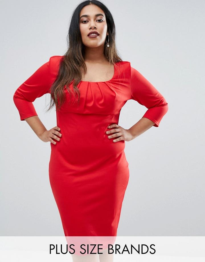Goddiva Plus Pencil Dress With Pleated Neckline - Red