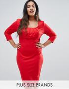 Goddiva Plus Pencil Dress With Pleated Neckline - Red
