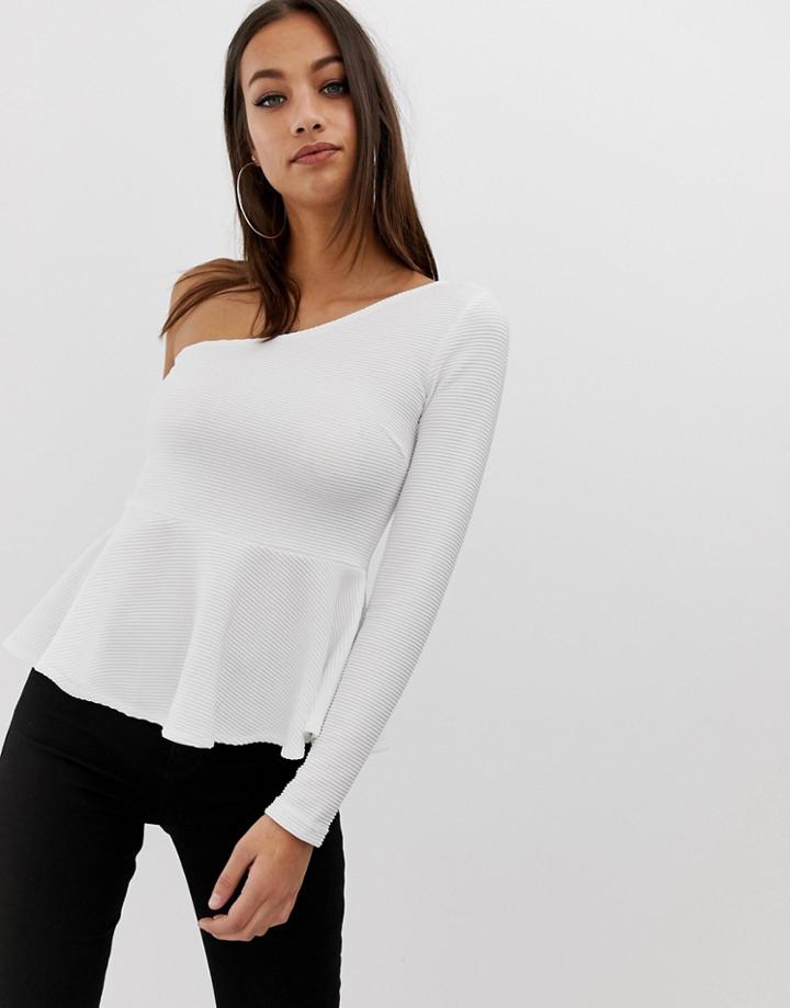 Asos Design One Shoulder Top With Peplum Hem In Textured Fabric - White