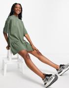Asos Design Oversized T-shirt Dress With Frill Hem In Khaki-green
