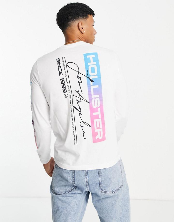 Hollister Tech Vertical Arm & Back Print Long Sleeve Top In White