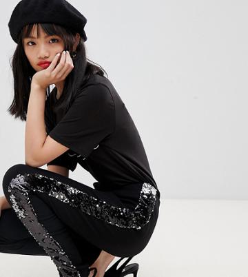 Lost Ink Petite Coated Pants With Sequin Side Stripe - Black