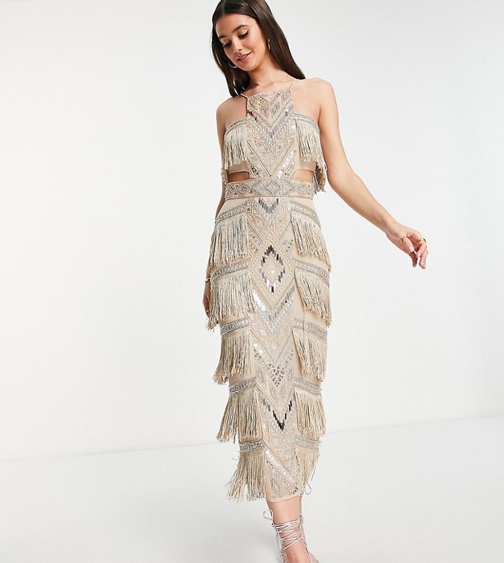 Asos Design Tall High Neck Embellished Pencil Dress With Fringe-pink