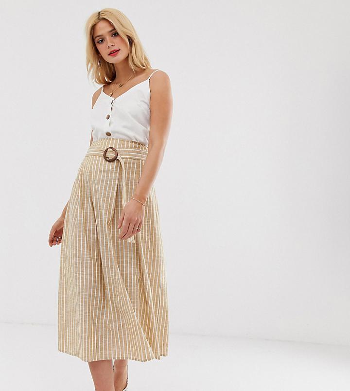 Asos Design Tall High Waist Midi Skirt With Tortoise Shell Buckle In Cream Stripe-multi