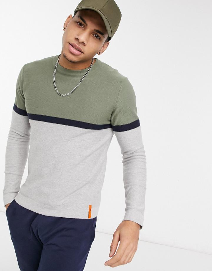 Jack & Jones Originals Sweater In Color Block Green & Gray