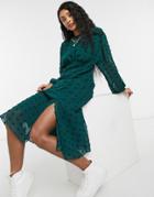 Asos Design Midi Tea Dress With Batwing Sleeve In Textured Polkadot In Forest Green