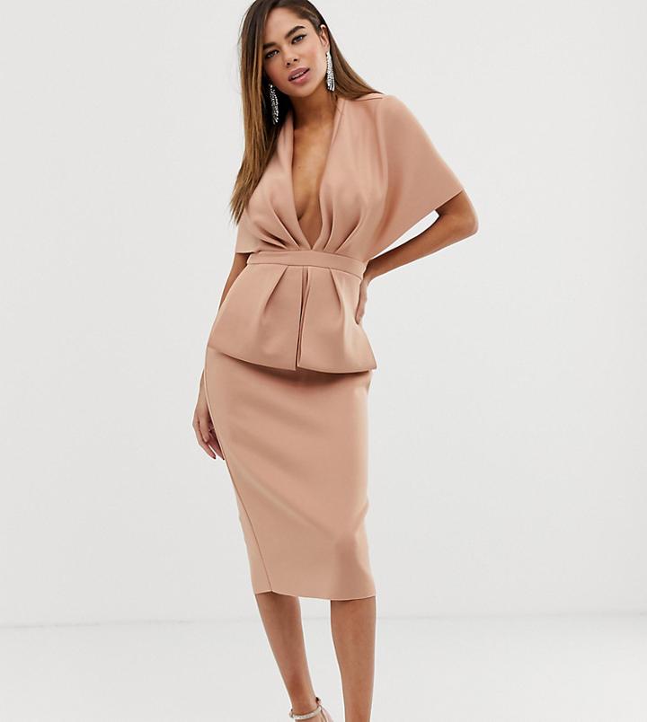 Asos Design Structured Plunge Kimono Midi Dress With Peplum - Pink