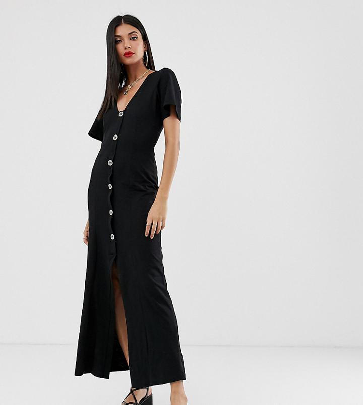 Asos Design Tall Faux Shell Button Through Maxi Tea Dress-black