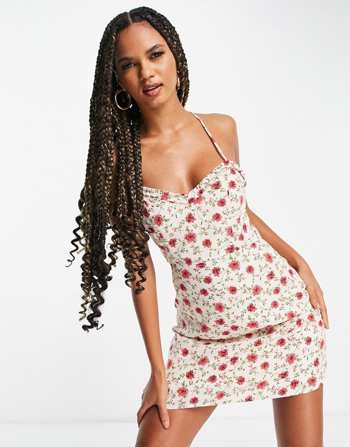 Na-kd Floral Print Ruffle Neckline Mini Dress In Multi-red