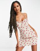 Na-kd Floral Print Ruffle Neckline Mini Dress In Multi-red