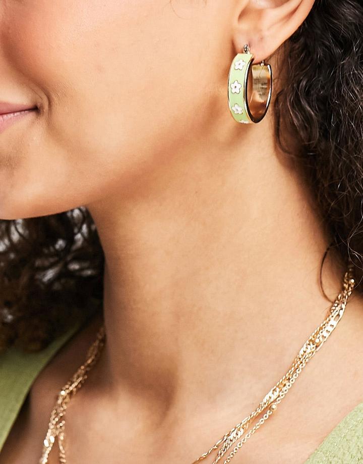 Asos Design Hoop Earrings With Green Daisy Design In Gold Tone