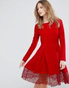 Traffic People Long Sleeve Skater Dress With Lace Insert - Red