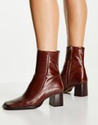 Asos Design Roberta Premium Leather Square Toe Boots In Brown