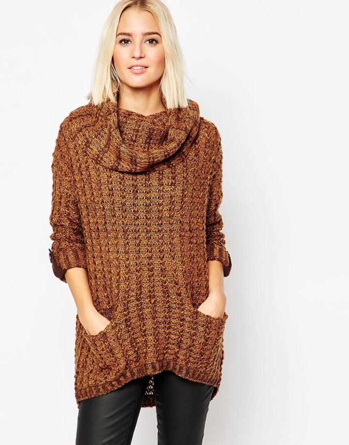 Vero Moda Waffle Knit Pocket Front Sweater - Black Coffee