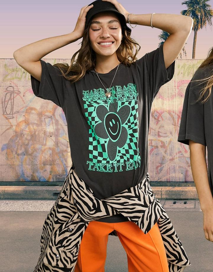 Asos Design Oversized T-shirt With Take It Easy Print In Charcoal-grey